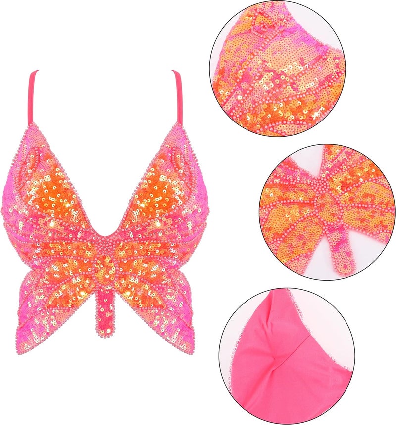 Mocure Womens Glitter Sequin Butterfly Crop Top Low-Cut Tank Top Rave Tube Vest Top for Belly Dance Costume Outfits - Image 5
